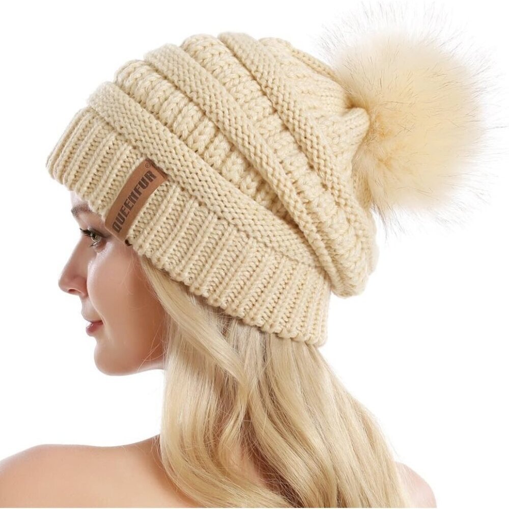 Women's Beige 100% Acrylic Cable Knit Beanie Faux Fur Winter Warm Slouchy Hat